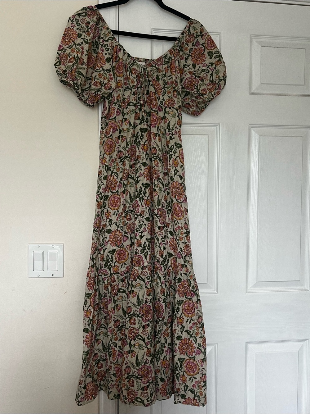 Floral Puff-Sleeve Maxi Dress in Cream with Pink & Green Print